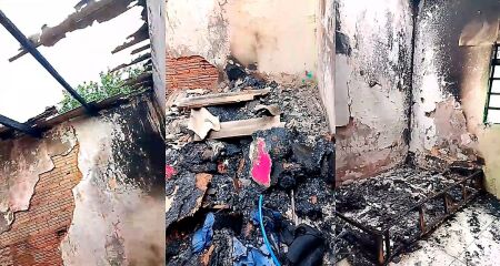 Jovem mostra o que sobrou de casa incêndiada na Vila Popular