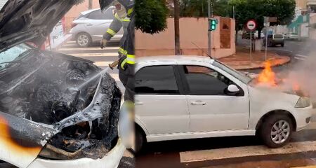 O motorista seguia com uma passageira quando o carro começou a pegar fogo