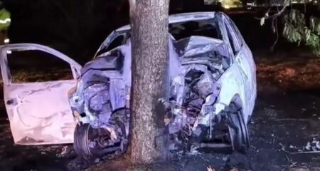 Carro bateu em árvore e pegou fogo na madrugada desta segunda-feira (14)