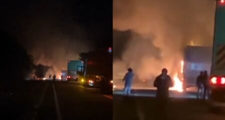 Fogo se alastrou rapidamente pela carga, consumindo quase toda estrutura da carreta