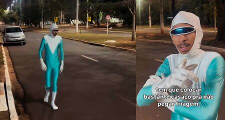 Vestido como o herói da Disney, homem caminha pelo Parque dos Poderes e avisa: 'agosto chegou trazendo mais frio para MS'