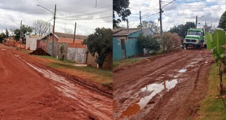 Segundo relatos, serviço da Águas Guariroba deixou a Rua Erondes Braga da Costa em péssimas condições; até caminhão atolou