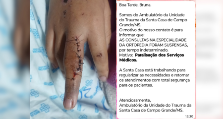 Estado da mão da jovem e mensagem encaminhada pela Santa Casa