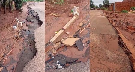 Trecho da Rua Urupês, recém-pavimentado, cedeu após as chuvas, gerando indignação entre os moradores