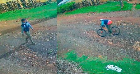 Suspeito, vestido com casaco azul, foi visto saindo de residência com bicicleta no bairro União; polícia realiza buscas na região