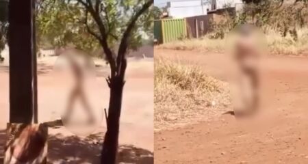 Em imagens divulgadas nas redes sociais, 'peladão' alega que estava a caminho de casa