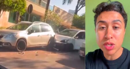 Colisão envolveu três carros e deixou motorista de aplicativo impossibilitado de continuar trabalhando