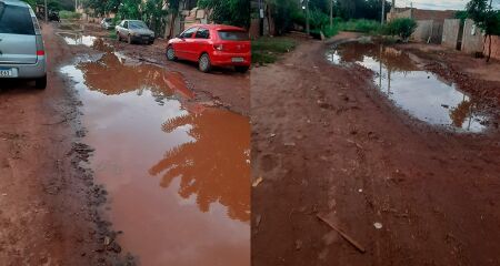 A &aacute;gua acumulada ocupa quase toda a extens&atilde;o da rua no bairro Aguadinha 