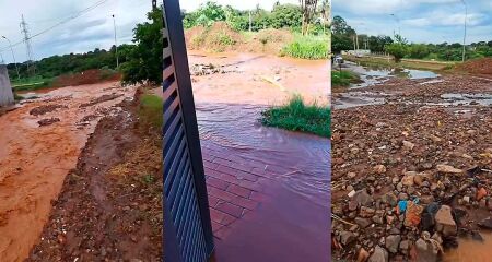 Moradores da Rua Manoelita Alves da Silva relatam que chuva transforma via em "rio" e dizem que barro chega a invadir casas