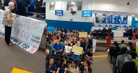 Com cartazes, alguns precisaram sentar no ch&atilde;o do plen&aacute;rio para acompanhar a sess&atilde;o desta quinta-feira