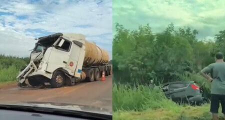 Frente de caminh&atilde;o ficou destru&iacute;da 