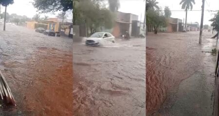 A enxurrada formou um verdadeiro rio na rua 