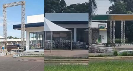 Estruturas sendo montadas em posto de gasolina na Avenida Duque de Caxias