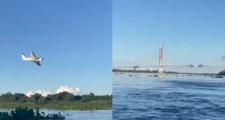 Em uma das imagens, d&aacute; a impress&atilde;o de que a aeronave teria passado por debaixo da estrutura 