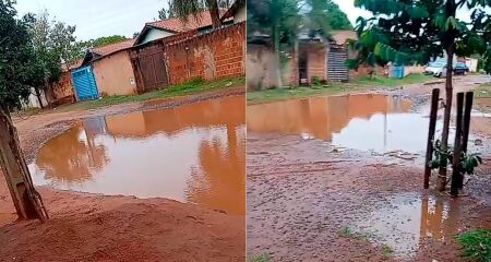 As po&ccedil;as de &aacute;gua ocupam quase toda a extens&atilde;o da Rua Eurides Marques Diniz, no bairro Parque do Sol 