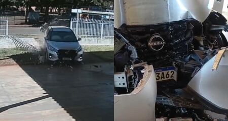 Carro ficou completamente destru&iacute;do ao bater em pilar de concreto 