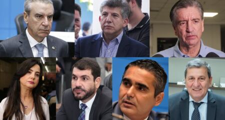Da esquerda para direita: Paulo Corrêa (PL), Lídio Lopes (Avante), Dagoberto Nogueira (PP), Mara Caseiro (PL), Jamilson Name (PP), Herculano Borges e o atual conselheiro do Tribunal de Contas do Estado (TCE-MS), Sérgio de Paula