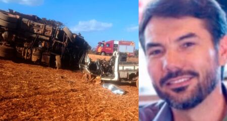 A cabine da caminhonete ficou completamente destruída e o caminhão chegou a tombar