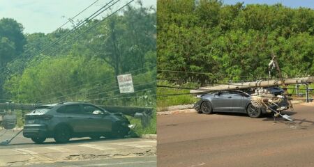 O Volkswagen Nivus ficou destruído após colisão na Avenida Senador Antônio Mendes Canale; condutor não foi localizado