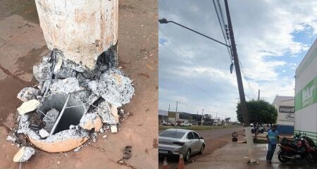 Por conta do acidente, a estrutura do poste ficou danificada e agora preocupa comerciantes da região