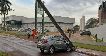 A mulher colidiu o carro que conduzia contra o poste após um cachorro cruzar a via de forma repentina