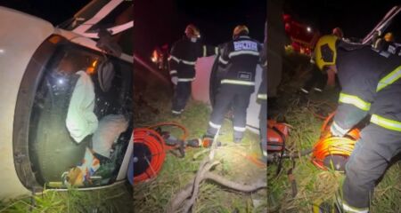 Passageira sofreu ferimentos e precisou ser retirada do ve&iacute;culo pelo Corpo de Bombeiros