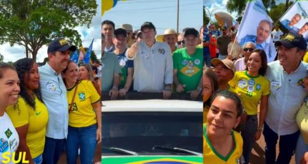 O candidato a reeleição estava acompanhado de Reinaldo Azambuja (PL) e apoiadores