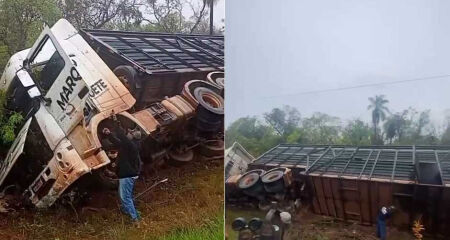 O ve&iacute;culo tombou &agrave;s margens da rodovia e outros motoristas prestaram ajuda