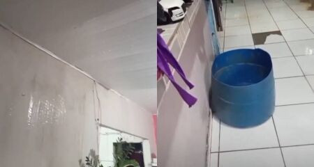 Alex Araujo espalhou baldes pela residência para conter a água que cai pelo teto; nova chuva aumenta o temor de mais prejuízos