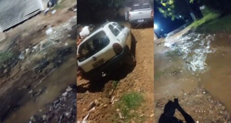 Moradores relatam que prefeitura reparou apenas uma quadra da Rua Professor Antônio Teófilo Cunha; caminhão também atolou e água da chuva invade algumas casas