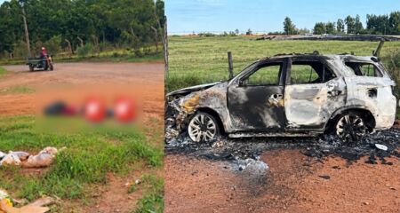 O ve&iacute;culo estava &agrave;s margens da estrada e apresentava danos provocados pelo fogo na carroceria, no interior, nas portas e nos pneus