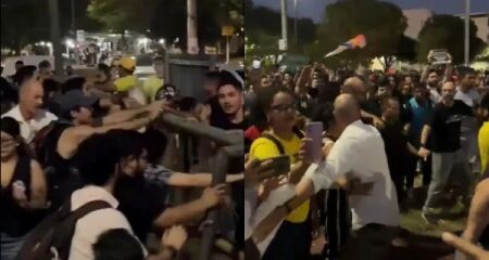 Ato em apoio a Flávio Bolsonaro reuniu políticos de direita e terminou em confronto com estudantes. Ao menos um jovem ficou ferido