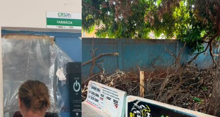 Imagens mostram centro de sa&uacute;de com entulhos e galhos acumulados no p&aacute;tio, al&eacute;m de problemas na estrutura do pr&eacute;dio 