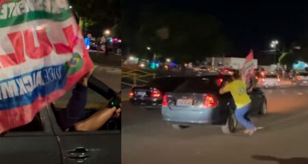 A bandeira de apoio ao petista, que ele carregava, foi roubada e queimada por opositores 