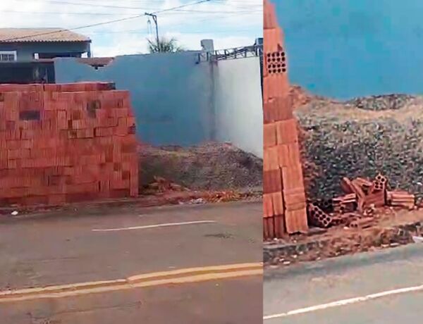 Uma m&atilde;e com carrinho de beb&ecirc; precisava andar quase no meio da rua para conseguir desviar dos materiais para constru&ccedil;&atilde;o 