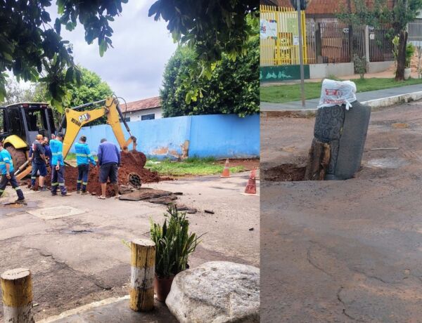 Equipe foi ao local consertar ap&oacute;s den&uacute;ncia do TopM&iacute;diaNews, mas horas depois uma nova cratera se abriu com o temporal de quinta-feira (15)