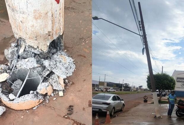 Por conta do acidente, a estrutura do poste ficou danificada e agora preocupa comerciantes da regi&atilde;o
