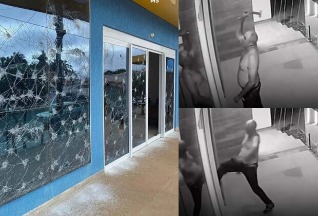 Homem aparece sem camisa, chutando e golpeando a fachada do pr&eacute;dio p&uacute;blico
