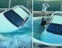 Mulher sem CNH perde controle, invade casa e cai em piscina com carro (vídeo)