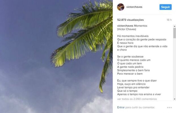 Após polêmica com a mulher, sertanejo Victor faz post com letra de música no Instagram