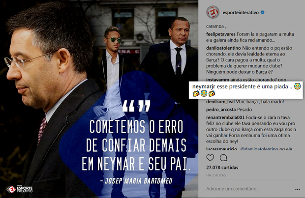 Perfil oficial de Neymar critica presidente do Barça em rede social: 'É uma piada'