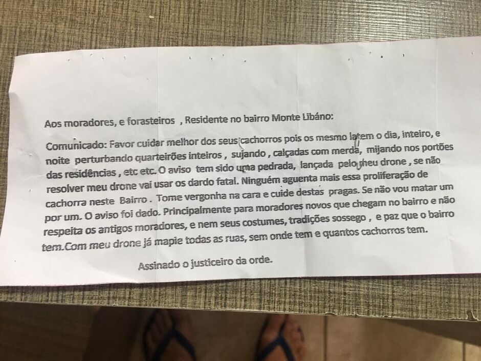 Carta recebida por moradores com ameaça