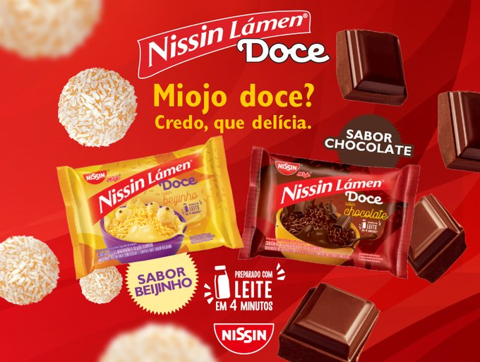 Macarrão instantâneo passa a ter sabores doces de beijinho e chocolate. 