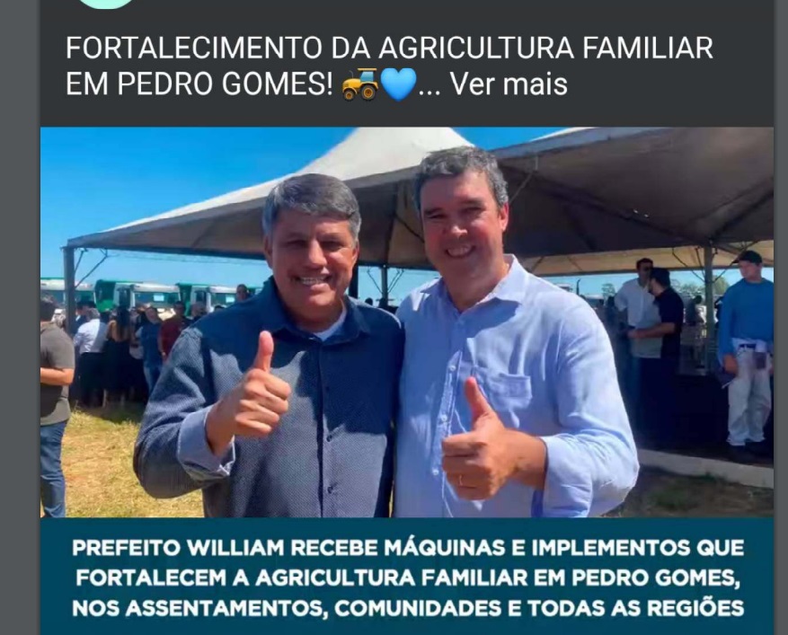 Prefeito de Pedro Gomes, Willian Fontoura é acusado de fazer promoção pessoal nas redes sociais do Executivo