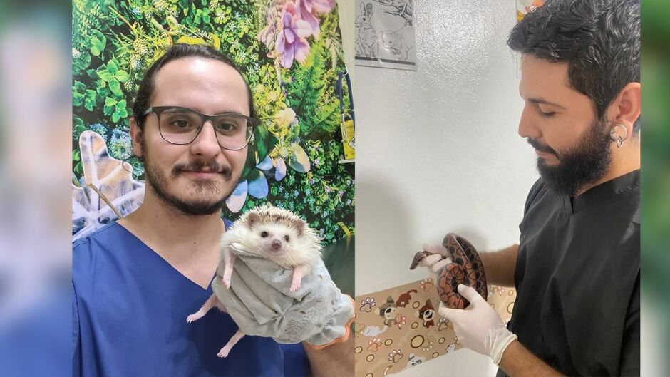 Os veterinários Pedro, à esquerda, com um ouriço, e Douglas, à direita, com uma serpente