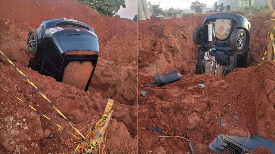 Carro cai em buraco de obra em Ribas do Rio Pardo 