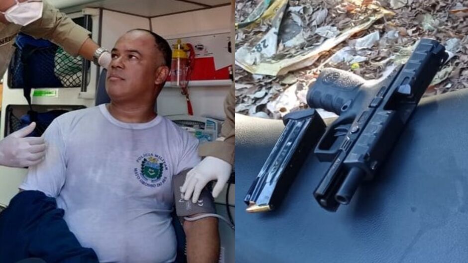 PM Santos e uma das armas apreendidas no local do crime