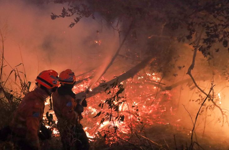 Vento atrapalha os trabalhos e ajuda a progressão do fogo