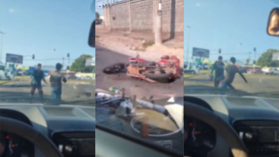 Motociclistas jogam moto no meio da rua e trocam 'capacetadas' na Avenida Zahran 