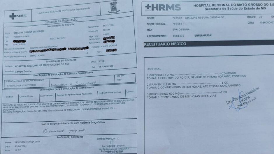 De um lado, o pedido para a cirurgia. De outro, os medicamentos que toma enquanto a cirurgia não sai